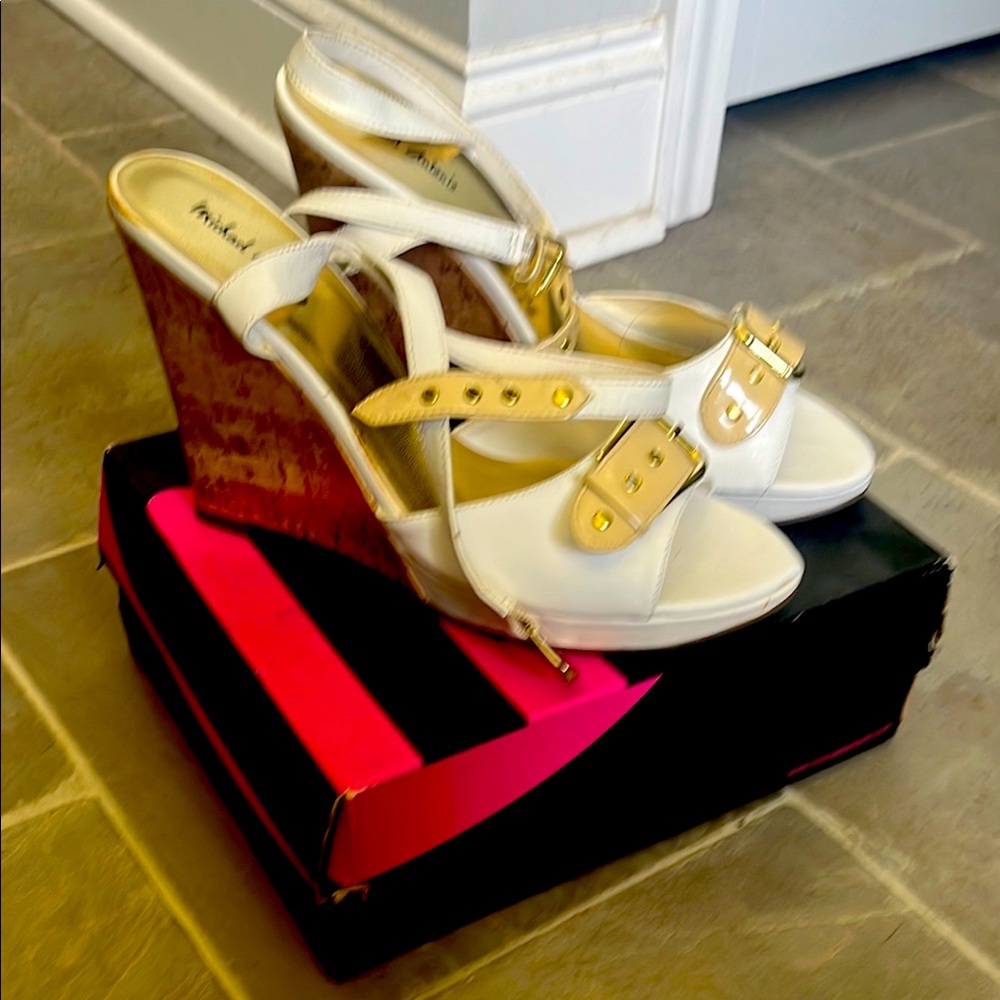 Michael Antonio White and Gold Wedges